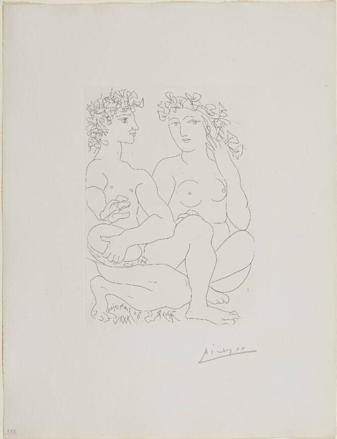 A black and white print of a nude man playing the tambourine, seated beside a nude woman