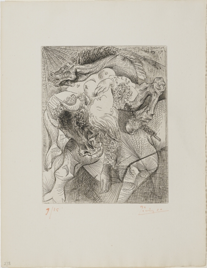 A black and white, intricately rendered abstract print of a nude woman lying across a bull, with a horse bending its neck over her