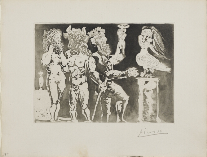 A high contrast black and white print of three figures wearing masks, standing in a line before a sculpture of a bird creature on a pedestal