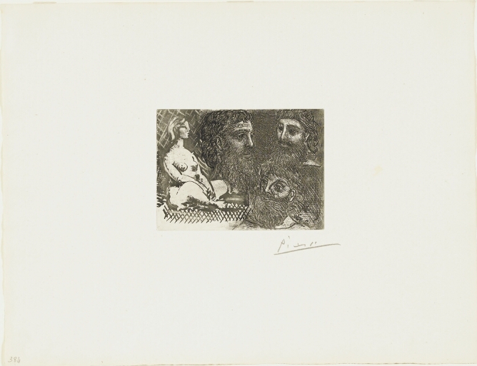 A black and white print of a nude woman seated facing three heads of men rendered in intricate detail