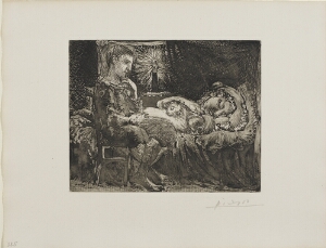Suite Vollard, 1939, Paris: Boy and Sleeping Woman by Candlelight (Boy Watching Over Sleeping Woman by Candlelight)