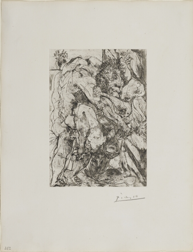 A black and white, abstract print of a standing nude man forcibly gripping a struggling nude woman
