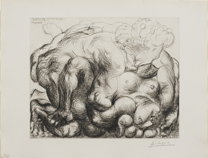 A black and white, abstract print of a nude man looking up, forcibly gripping a distressed nude woman lying beneath him