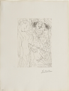 Suite Vollard, 1939, Paris: Rembrandt and Woman with Veil (Standing Nude with Flowing Headdress, and Portrait of Rembrandt with Palette)