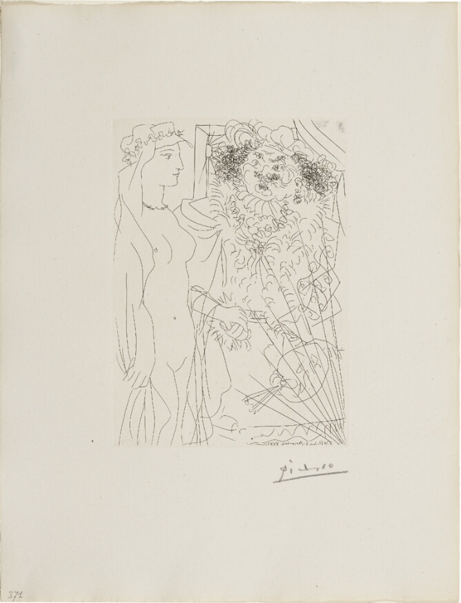A black and white print of a standing man holding a palette and the hand of a standing nude woman wearing a veil