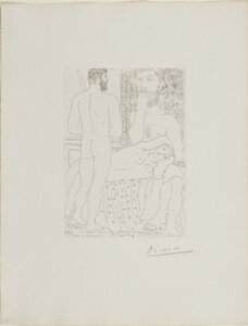 Suite Vollard, 1939, Paris: Sculptor, Reclining Model, and Sculpture (Sculptor Seated, Reclining Model, and Statue of Man)