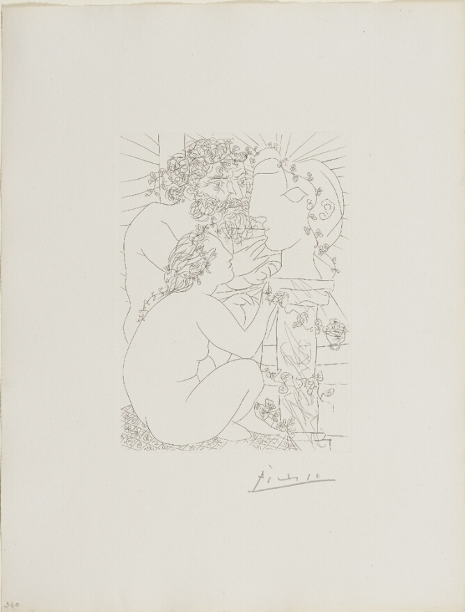 A black and white print of a nude woman sitting beside a man, both looking at a sculpture of a head on a pedestal