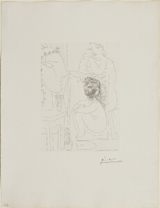 Suite Vollard, 1939, Paris: Model Leaning on a Painting (Seated Nude with Painting and Sculptured Head)