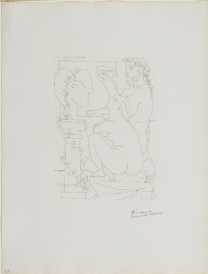 Suite Vollard, 1939, Paris: Sculptor with Bowl and Crouching Model (Sculptor with Fishbowl, and Nude Seated Before a Sculptured Head)