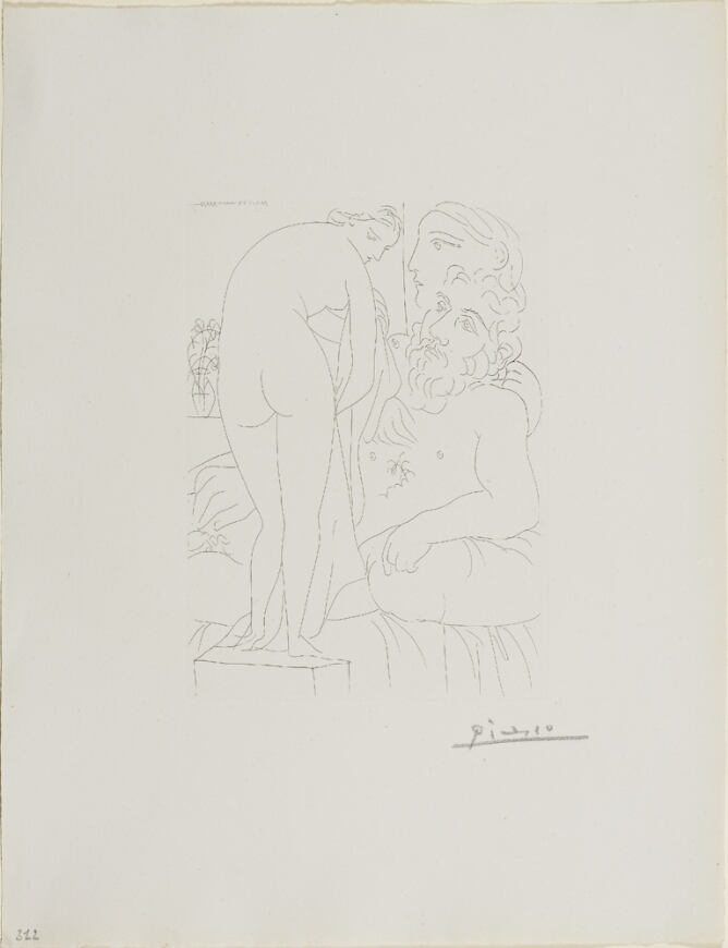 A black and white print of a reclining nude man looking up at a sculpture of a standing nude woman holding drapery, seen from the back, while another woman lies beside him