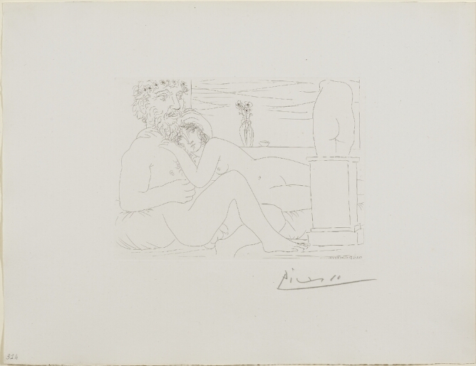 A black and white print of a nude man and a nude woman lounging together by a window, viewing a sculpture of a torso