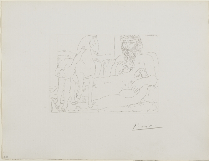 A black and white print of a man seated with a nude woman lying on his lap, viewing a sculpture of a young man balancing on one foot next to a horse