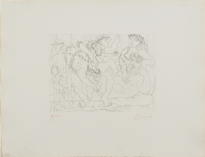 A black and white print of a reclining nude man and woman viewing a sculpture of a nude woman, bull, and man in motion, intertwined with flower garlands