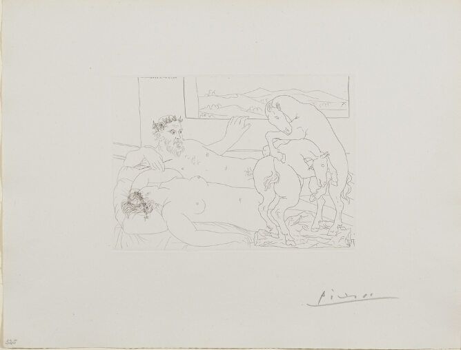 A black and white print of a man lying with a nude woman, holding a sculpting tool and viewing a sculpture of two horses fighting