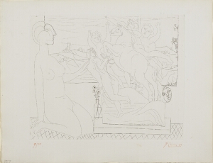 Suite Vollard, 1939, Paris: Model Contemplating a Sculptured Group (Model Kneeling by a Window Viewing a Sculpture of Nude Figures and a Rearing Horse)
