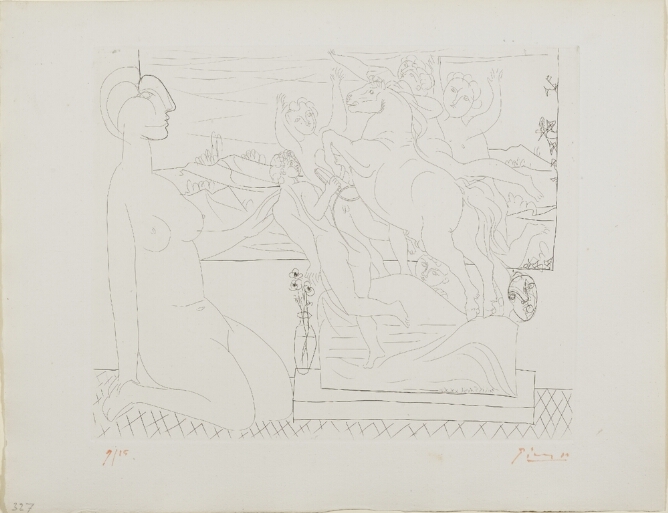A black and white print of a nude woman with an abstract head sitting on her knees by a window, viewing a sculpture of figures around a horse in motion