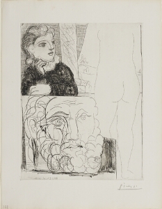 Suite Vollard, 1939, Paris: Leaning Woman, Back of Sculpture and Bearded Head (Young Girl with Drawing of Male Head, and Nude Seen from the Back)
