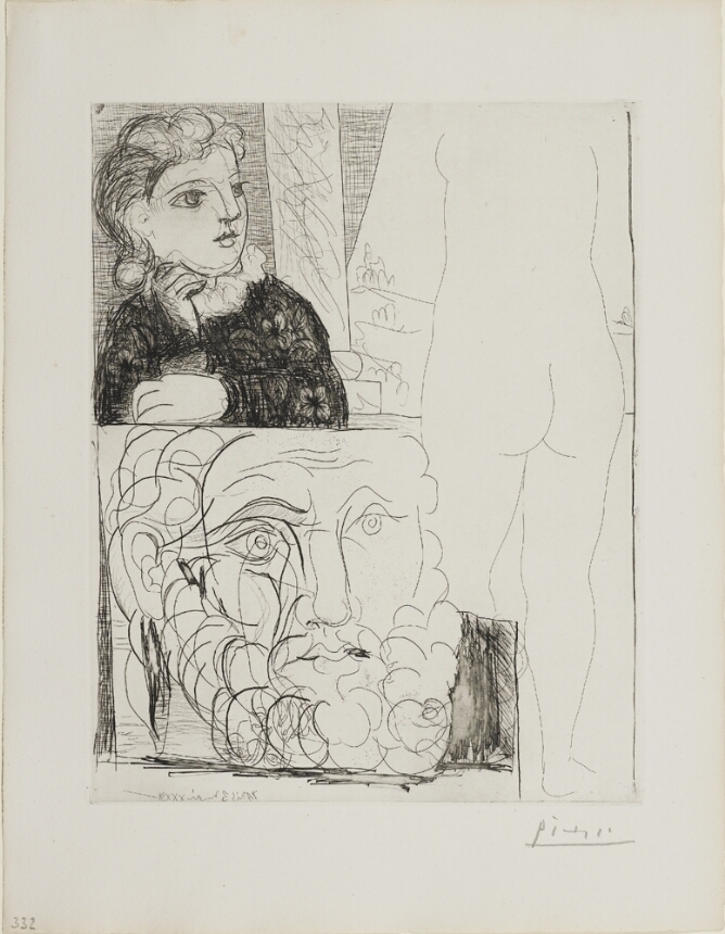 A black and white print of a young girl leaning on a picture of a bearded man, next to a sculpture of a nude figure seen from behind