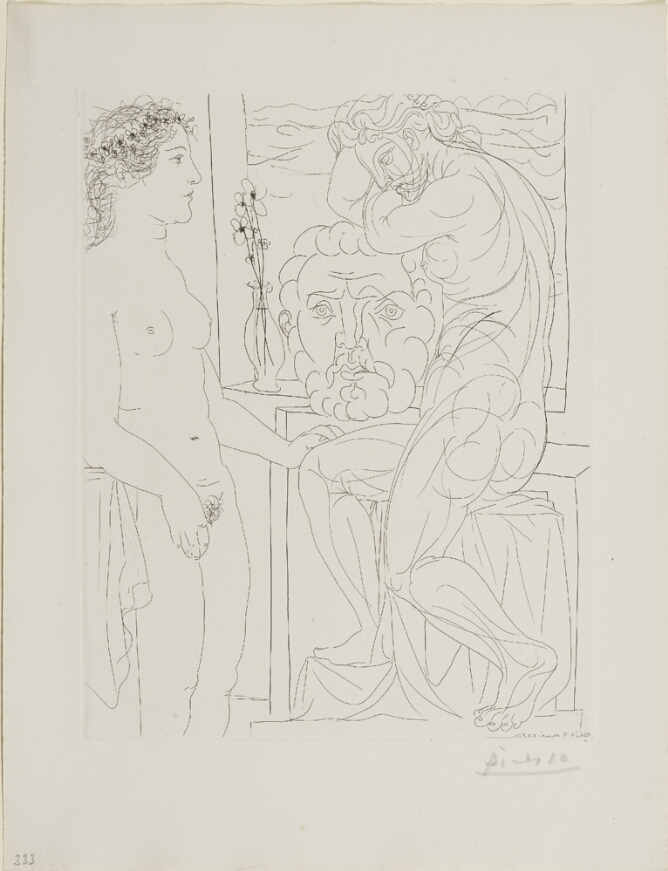 A black and white print of a standing nude woman touching the knee of a sculpture of a sitting nude figure, whose arms rest on top of sculpture of a head