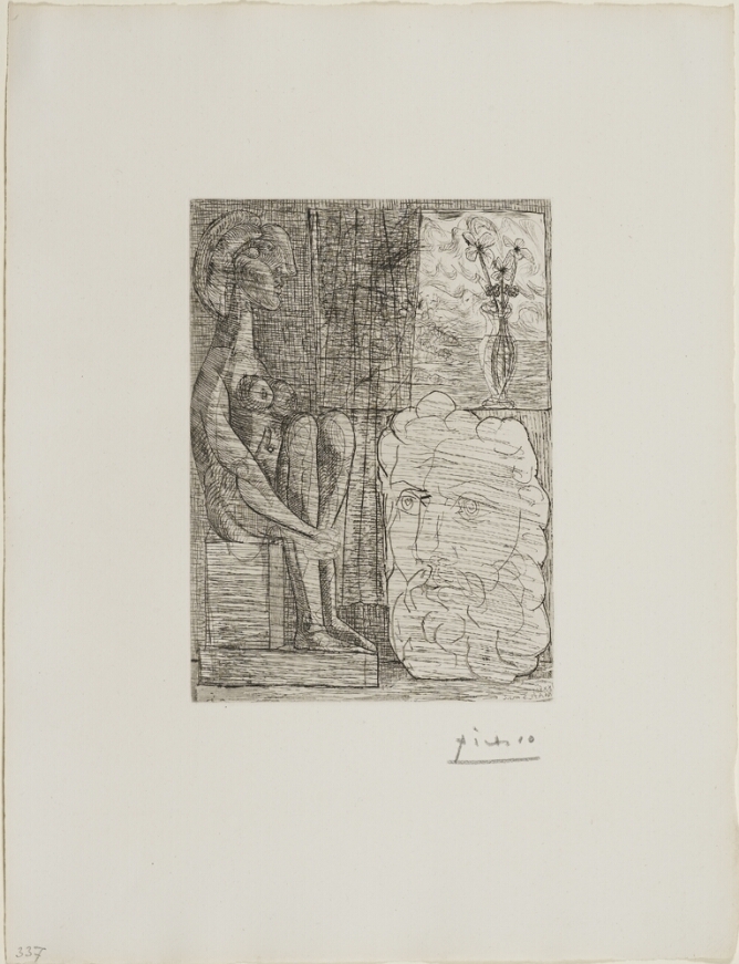 A black and white print with heavy shading, depicting a sculpture of a seated nude woman facing a large sculpture of a man's head. Above the man's head sculpture, flowers in a vase