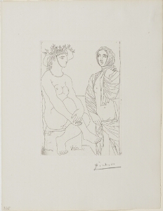 Suite Vollard, 1939, Paris: At the Bath, Woman in Flowered Hat and Woman Wrapped in a Towel
