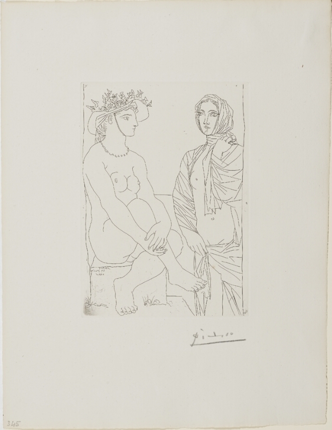 A black and white print of a nude woman wearing a flowered hat seated beside a partially nude standing woman wrapped in cloth