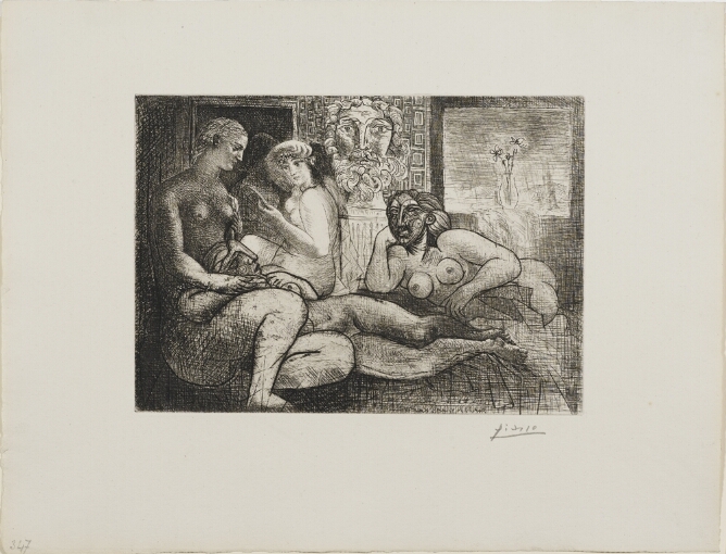 A black and white print of three nude women lounging, one with an abstract head. In the background, a sculpture of a man's head facing the viewer