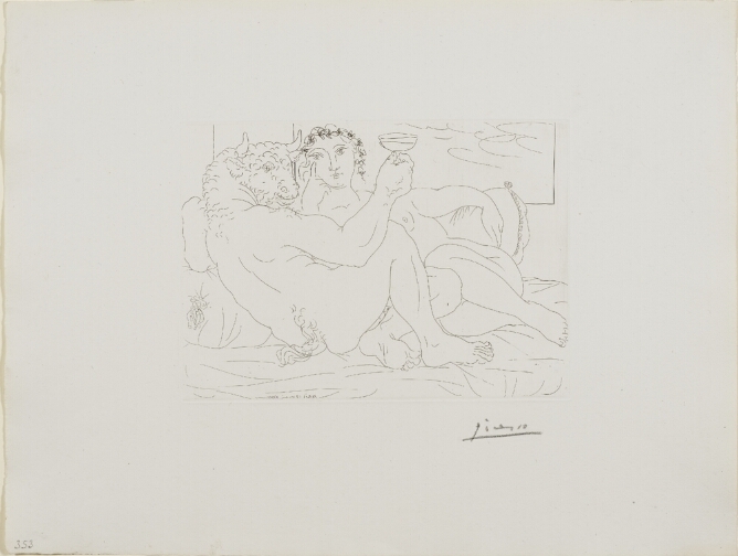 A black and white print of a minotaur, a mythological creature with the head of a bull and body of man, holding a cup and reclining with a nude woman