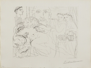 Suite Vollard, 1939, Paris: Minotaur Caressing a Woman (Minotaur Caressing Girl.  at Right, Flute-Playing Boy and Girl at a Table with Fruits and Pitcher)