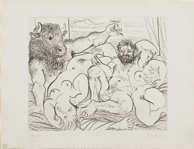 A black and white print of a minotaur, a mythological creature with the head of a bull and body of man, and a nude man reclining, raising their glasses, while two nude woman lie beside them, with one in a contorted position