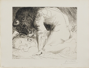 Suite Vollard, 1939, Paris: Minotaur Caressing the Hand of a Sleeping Woman with His Muzzle