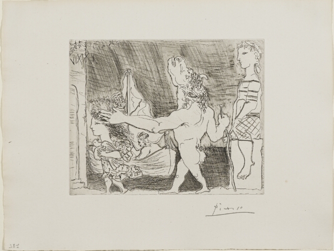 A black and white print of a standing minotaur, a mythological creature with the head of a bull and body of a man, holding a walking stick and being guided by a little girl holding a dove, as figures in a boat witness