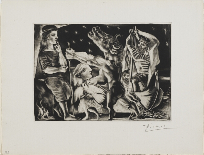A black and white, high contrast print of a standing minotaur, a mythological creature with the head of a bull and body of a man, holding a walking stick and being guided by a young woman holding a pigeon. Figures in a boat witness under a night sky