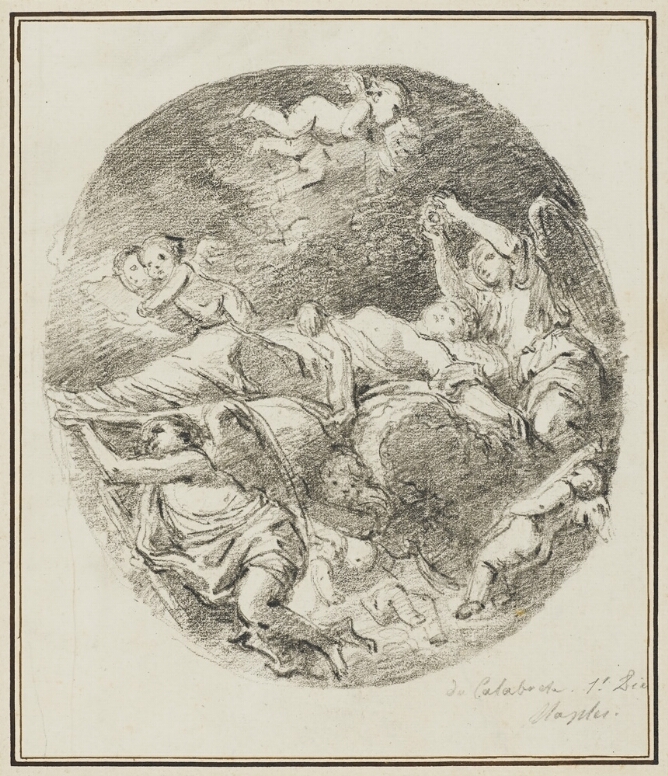 A black and white drawing of a reclining woman lifted by angels, while cherubs fly above in pairs. An angel holds an object over her head