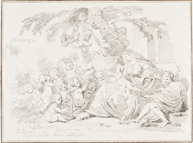 A black and white drawing of a seated woman by a tree, with a baby standing on her lap, reaching out towards a group of cherubs in front of them