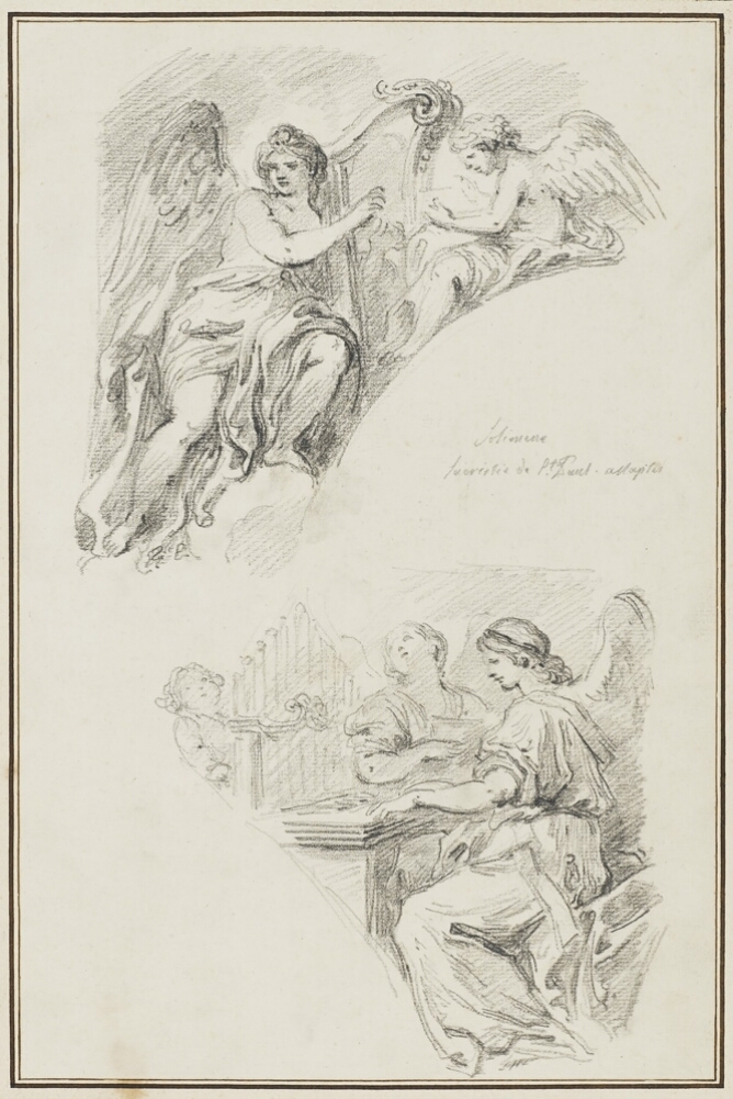 A sheet of black and white drawings. At the top, an angel plays the harp accompanied by a smaller angel. Below, an angel plays the organ while two figures look upwards