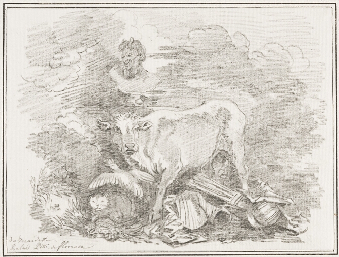 A black and white drawing of a cow standing and facing the viewer with a bird, cat, and armor beneath it.  Above them is a bust of a horned figure