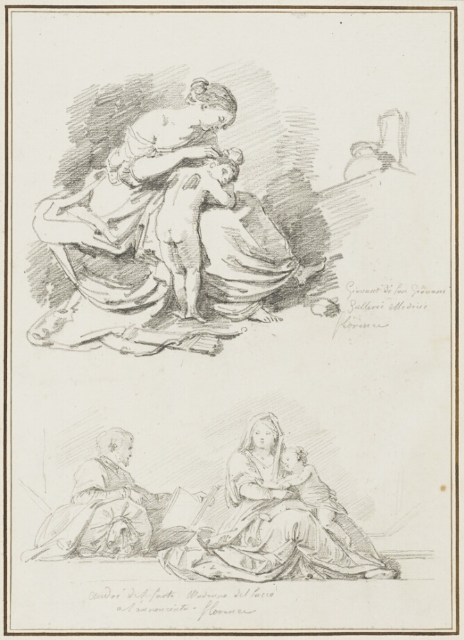 A sheet of two black and white drawings. At the top, a seated young woman touches the hair of a nude young boy with small wings as he stands with his head resting on her lap. Below, a woman in frontal view wearing draped clothing sits with a baby on her lap, accompanied by a man in profile view reading