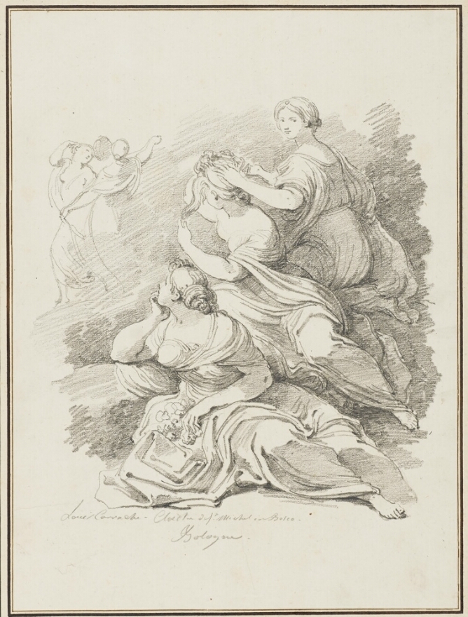 A black and white drawing of three seated women in billowy clothing. Two women look to their right at figures dancing in the background, while a third woman looks towards the viewer and touches the hair of the woman next to her