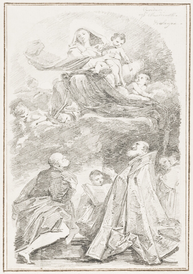 A black and white drawing of a seated woman in the sky, holding a baby, while two kneeling men below look up towards them