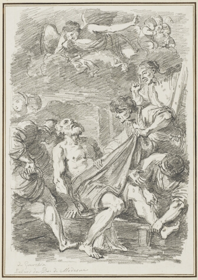 A black and white drawing of a seated partially nude bearded man looking up at an angel who points to their forehead. To the bearded man's left, a man pulls a cloth from under the bearded man's waist while another man ties his left foot