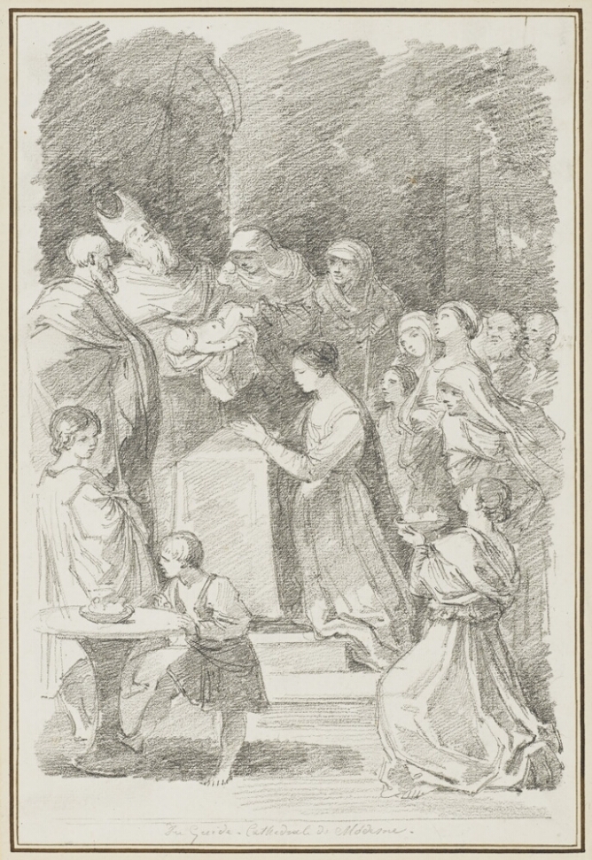 A black and white drawing of a young woman kneeling with hands in prayer before a bearded man wearing a headdress. He looks up as he presents a baby, while a group of figures witness