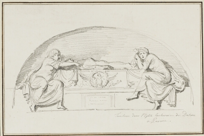 A black and white drawing of a figure lying on a decorative platform, while a seated figure to the viewer's left reaches out to touch the body. To the viewer's right, another seated figure with crossed legs looks towards the viewer with anguish