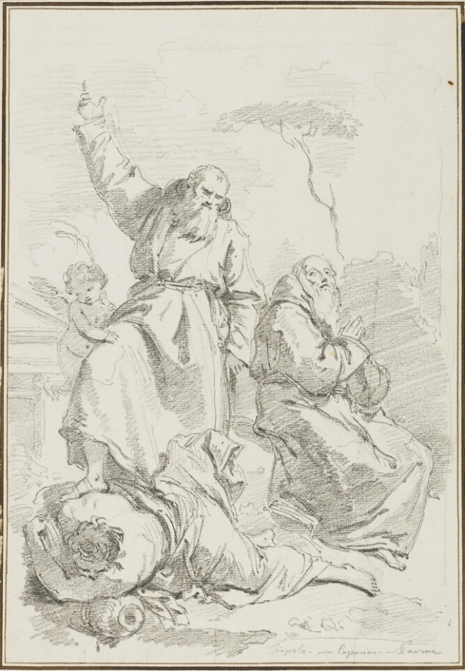 A black and white drawing of a bearded man in a habit or robe pointing to the sky as he steps on a fallen figure. Beside him, another bearded man in a habit sits with hands in prayer