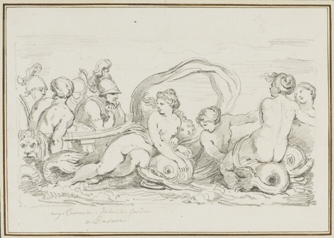 A black and white drawing of a reclining nude woman looking at a man in a helmet who gazes back, and is in a boat with other figures. To the viewer's right, three nude women look in their direction. Billowing fabric arches in the air above the reclining nude woman
