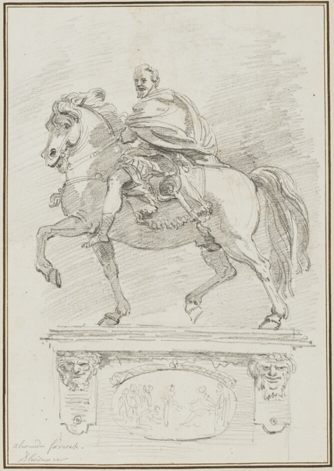 A black and white drawing of a bearded man in three-quarter view, wearing a cloak, posing on a horse atop a platform