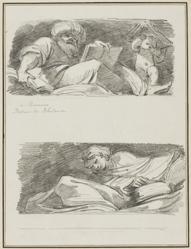 A sheet of black and white drawings. At the top, a seated bearded man leans back, looking up and holds a book with his left hand and papers in his right. Below, a young man seen from the chest up, leans to his right and touches a page of his book with his right hand