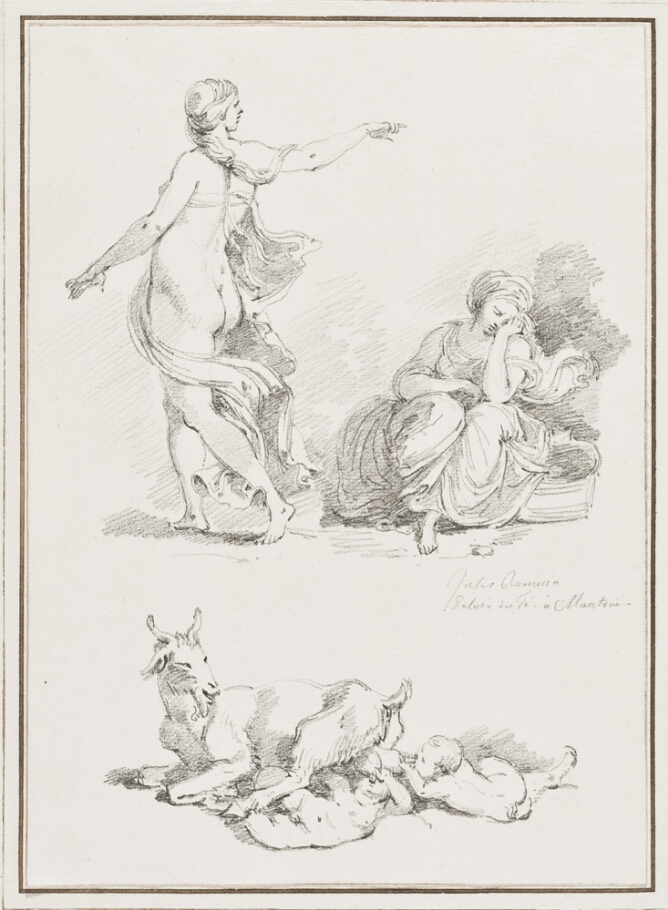 A sheet of three black and white drawings. At the top, a standing woman extending her arm out. Beside her, a seated woman rests her head on her hand. Below, a goat with two babies sucking on its udder