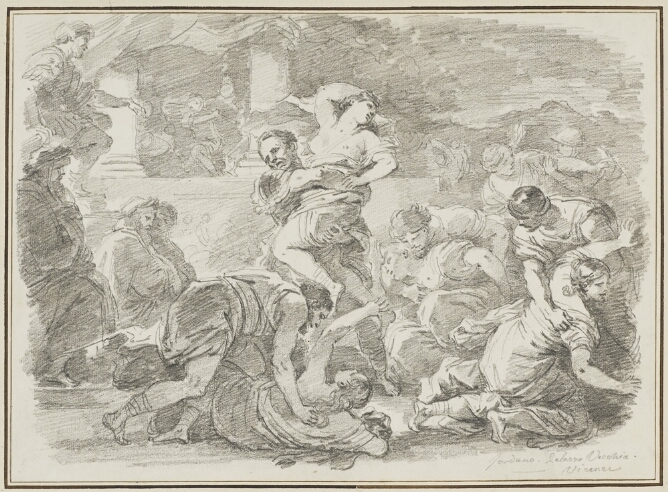 A black and white drawing of men grabbing and attacking women