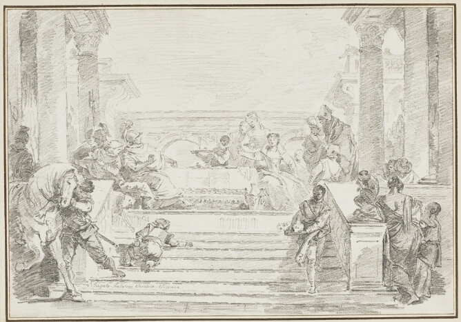 A black and white drawing of a man and woman at a dining table in an open-air architectural space with figures around